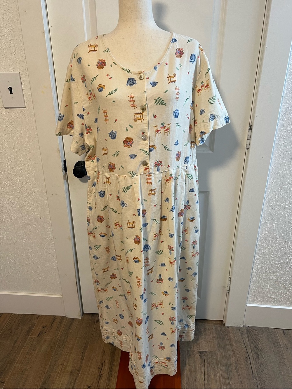 VNTG Lands’ End Linen Cotton Blend Garden Tea Party Novelty Print Maxi Dress